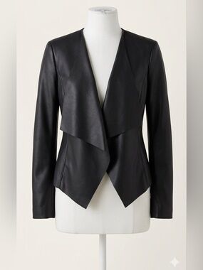 Zara Black Faux Leather Waterfall Draped Jacket XS Open Front Moto Blazer
